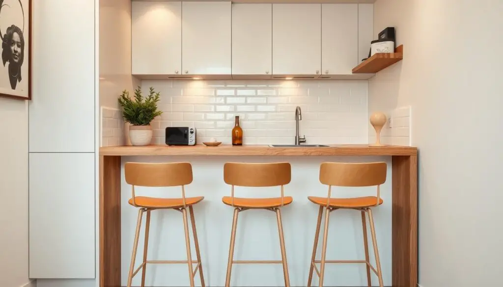 A cozy and compact kitchen bar, featuring a sleek wooden counter with minimalist bar stools tucked neatly underneath. The space is bathed in warm, diffused lighting, creating a welcoming atmosphere. The background showcases clean, white cabinetry and subtle tile accents, emphasizing the efficient use of space. Carefully curated decorative elements, such as a potted plant and a few decorative pieces, add a touch of personality without cluttering the area. The overall design exudes a harmonious balance between functionality and style, perfectly suited for a small kitchen setting. A cozy and compact kitchen bar, featuring a sleek wooden counter with minimalist bar stools tucked neatly underneath. The space is bathed in warm, diffused lighting, creating a welcoming atmosphere. The background showcases clean, white cabinetry and subtle tile accents, emphasizing the efficient use of space. Carefully curated decorative elements, such as a potted plant and a few decorative pieces, add a touch of personality without cluttering the area. The overall design exudes a harmonious balance between functionality and style, perfectly suited for a small kitchen setting.