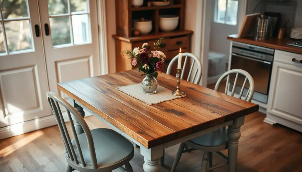 A cozy and inviting small kitchen dining table, adorned with a rustic wooden surface, a simple yet elegant centerpiece, and surrounded by charming vintage-inspired chairs. The scene is bathed in warm, soft lighting, creating a welcoming and intimate atmosphere. The tabletop is tastefully decorated with a few carefully curated items, such as a vase of fresh flowers, a few candles, and perhaps a small potted plant, all arranged in a visually pleasing and harmonious manner. The overall impression is one of a stylish and refined setting, perfect for intimate meals and conversations. A cozy and inviting small kitchen dining table, adorned with a rustic wooden surface, a simple yet elegant centerpiece, and surrounded by charming vintage-inspired chairs. The scene is bathed in warm, soft lighting, creating a welcoming and intimate atmosphere. The tabletop is tastefully decorated with a few carefully curated items, such as a vase of fresh flowers, a few candles, and perhaps a small potted plant, all arranged in a visually pleasing and harmonious manner. The overall impression is one of a stylish and refined setting, perfect for intimate meals and conversations.