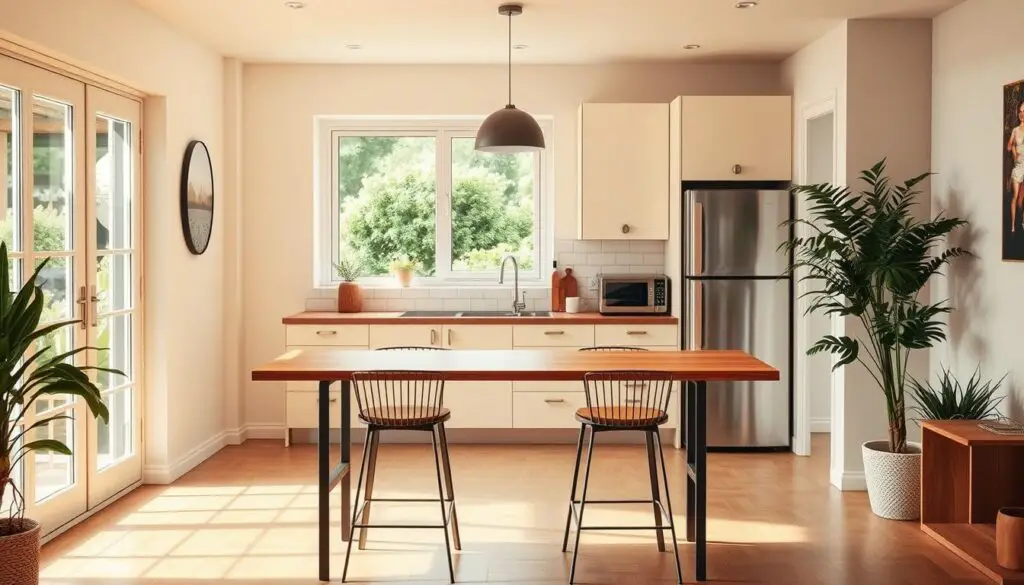A cozy and inviting small kitchen layout with a breakfast bar in the foreground. The bar features a wood-topped counter and sleek metal stools, providing a casual dining space bathed in warm, soft lighting. In the middle ground, the kitchen itself is minimalist and modern, with light-colored cabinets, a subway tile backsplash, and stainless steel appliances. The background showcases a large window overlooking a lush, verdant garden, creating a pleasant, nature-inspired ambiance. The overall atmosphere is one of comfort, functionality, and a touch of personal style. A cozy and inviting small kitchen layout with a breakfast bar in the foreground. The bar features a wood-topped counter and sleek metal stools, providing a casual dining space bathed in warm, soft lighting. In the middle ground, the kitchen itself is minimalist and modern, with light-colored cabinets, a subway tile backsplash, and stainless steel appliances. The background showcases a large window overlooking a lush, verdant garden, creating a pleasant, nature-inspired ambiance. The overall atmosphere is one of comfort, functionality, and a touch of personal style.