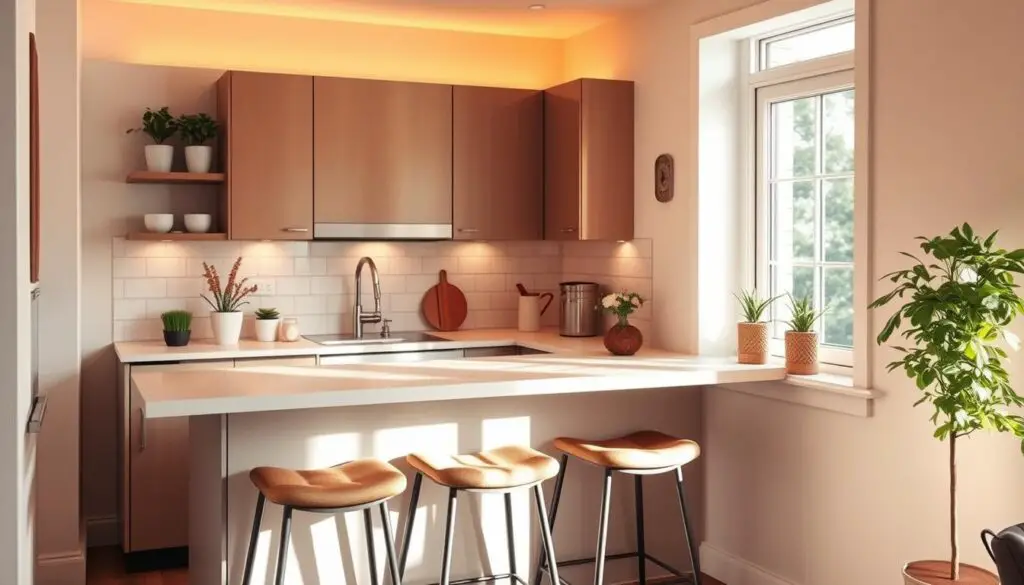 A cozy and inviting small kitchen with a stylish bar counter, bathed in warm, diffused lighting. The counter features sleek, modern stools with plush cushioned seats, perfectly complementing the minimalist cabinetry and subway tile backsplash. Potted herbs and a few carefully selected decor pieces add a touch of homey charm, while the large window allows natural light to flood the space, creating a bright and airy atmosphere. The overall layout is efficient, showcasing how a compact kitchen can seamlessly incorporate a functional bar area for casual dining or entertaining. A cozy and inviting small kitchen with a stylish bar counter, bathed in warm, diffused lighting. The counter features sleek, modern stools with plush cushioned seats, perfectly complementing the minimalist cabinetry and subway tile backsplash. Potted herbs and a few carefully selected decor pieces add a touch of homey charm, while the large window allows natural light to flood the space, creating a bright and airy atmosphere. The overall layout is efficient, showcasing how a compact kitchen can seamlessly incorporate a functional bar area for casual dining or entertaining.