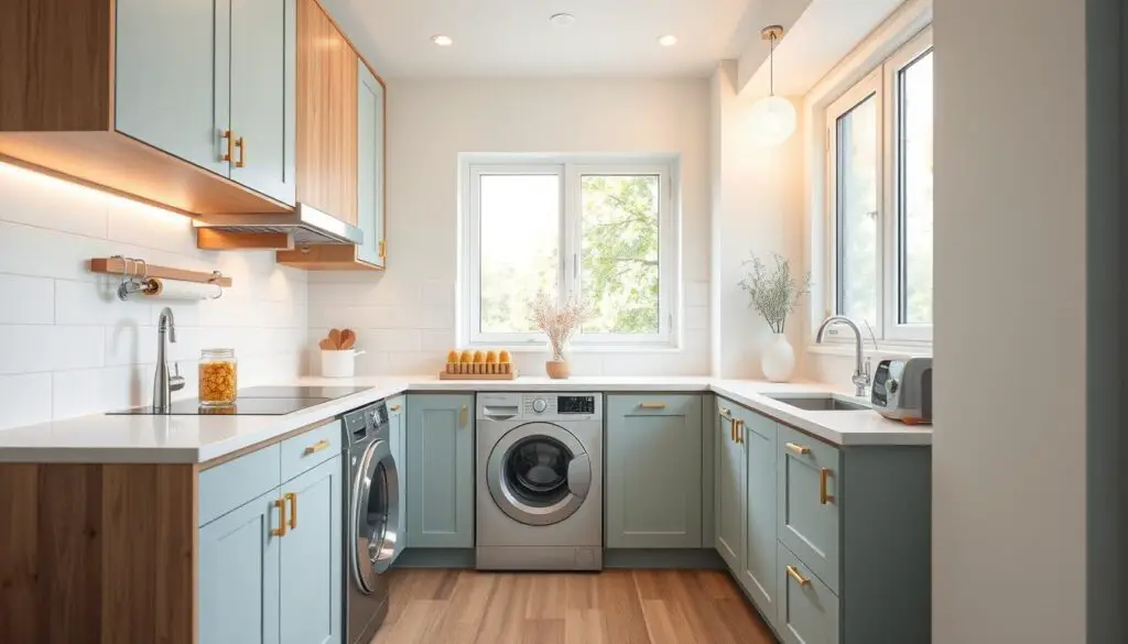 A cozy and modern compact kitchen design featuring a built-in washer, bathed in warm, soft lighting. The cabinetry is a soothing pastel blue, complemented by natural wood accents and sleek white countertops. The layout is thoughtfully arranged, maximizing storage and functionality in a limited space. A large window floods the room with natural light, creating a bright and airy atmosphere. Subtle brass hardware and a delicate floral arrangement add refined touches, elevating the overall aesthetic. The washing machine is seamlessly integrated, blending harmoniously with the kitchen's design.