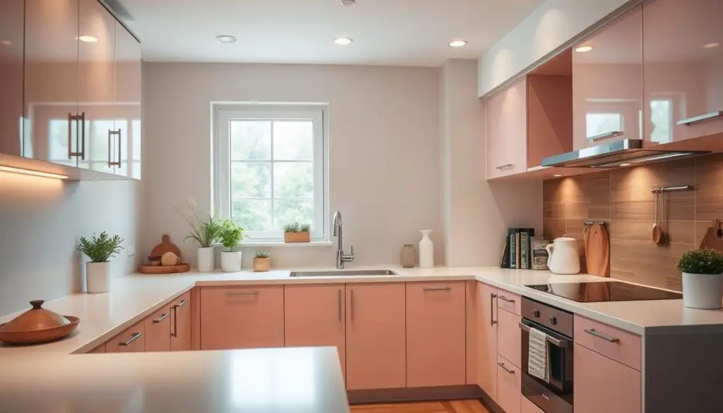 A cozy and well-designed small kitchen, featuring a harmonious color scheme that enhances the space. The foreground showcases an array of modern, minimalist cabinets in soft pastel hues, complemented by sleek, white countertops. In the middle ground, a large window lets in natural light, casting a warm, inviting glow throughout the room. The background features subtle accent walls in earthy, muted tones, creating a serene and calming atmosphere. The overall composition emphasizes the efficient use of space, with carefully curated decor and lighting that accentuates the kitchen's functionality and aesthetic appeal. A cozy and well-designed small kitchen, featuring a harmonious color scheme that enhances the space. The foreground showcases an array of modern, minimalist cabinets in soft pastel hues, complemented by sleek, white countertops. In the middle ground, a large window lets in natural light, casting a warm, inviting glow throughout the room. The background features subtle accent walls in earthy, muted tones, creating a serene and calming atmosphere. The overall composition emphasizes the efficient use of space, with carefully curated decor and lighting that accentuates the kitchen's functionality and aesthetic appeal.