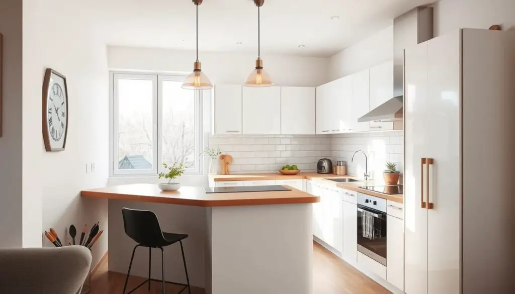 A cozy and well-designed small kitchen with a sleek bar counter as the focal point. The kitchen features modern white cabinetry, clean lines, and a minimalist aesthetic. A large window floods the space with natural light, creating a bright and airy atmosphere. The bar counter is crafted from warm wood, seamlessly blending with the overall design. Stylish pendant lights hang above, casting a soft glow over the functional yet visually appealing layout. The scene conveys a sense of efficiency and sophistication within a compact footprint, inspiring clever small kitchen solutions. A cozy and well-designed small kitchen with a sleek bar counter as the focal point. The kitchen features modern white cabinetry, clean lines, and a minimalist aesthetic. A large window floods the space with natural light, creating a bright and airy atmosphere. The bar counter is crafted from warm wood, seamlessly blending with the overall design. Stylish pendant lights hang above, casting a soft glow over the functional yet visually appealing layout. The scene conveys a sense of efficiency and sophistication within a compact footprint, inspiring clever small kitchen solutions.