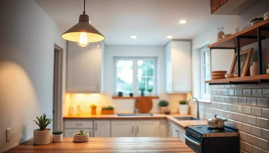 A cozy and well-lit small kitchen, showcasing innovative lighting ideas for a vibrant and functional space. The foreground features a bright pendant light illuminating a sleek wooden kitchen counter, with minimalist decor like potted plants and a simple vase. In the middle ground, recessed ceiling lights cast a warm glow, highlighting the clean white cabinets and subway tile backsplash. The background reveals a window, letting in natural light and a glimpse of the outdoors, creating a sense of openness and connectivity. The overall atmosphere is one of modern, welcoming charm, inspiring DIY ideas for making the most of a compact kitchen.
