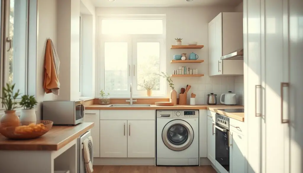 A cozy and well-lit small kitchen with a washing machine neatly integrated into the design. The kitchen features bright white cabinetry, wood accents, and sleek appliances that create a harmonious and welcoming atmosphere. Soft, natural lighting filters in through large windows, casting a warm glow on the space. The washing machine is discretely positioned, blending seamlessly with the kitchen's aesthetic. The overall impression is one of efficiency, organization, and a sense of calm that invites the viewer to imagine preparing meals and tending to household tasks in this charming, functional space.