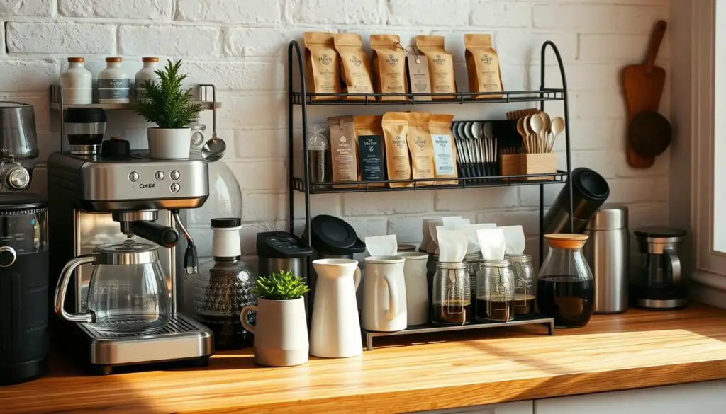 A cozy and well-organized coffee station with a variety of coffee-making tools and accessories artfully displayed on a wooden countertop. In the foreground, a vintage-inspired espresso machine stands alongside a sleek glass carafe, a collection of ceramic mugs, and a small potted plant. In the middle ground, a metal wire rack holds various coffee bags, syrups, and a set of artisanal coffee spoons. The background features a whitewashed brick wall, casting a warm and inviting glow through the soft, natural lighting filtering in from a nearby window. The overall atmosphere is one of creativity, efficiency, and a passion for the perfect cup of coffee. A cozy and well-organized coffee station with a variety of coffee-making tools and accessories artfully displayed on a wooden countertop. In the foreground, a vintage-inspired espresso machine stands alongside a sleek glass carafe, a collection of ceramic mugs, and a small potted plant. In the middle ground, a metal wire rack holds various coffee bags, syrups, and a set of artisanal coffee spoons. The background features a whitewashed brick wall, casting a warm and inviting glow through the soft, natural lighting filtering in from a nearby window. The overall atmosphere is one of creativity, efficiency, and a passion for the perfect cup of coffee.