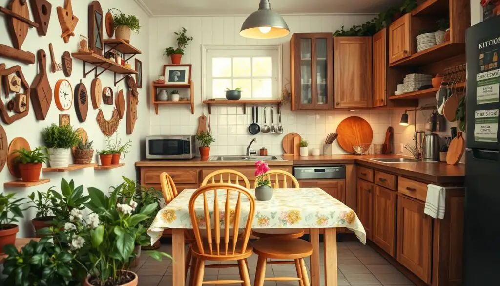 A cozy and well-organized small kitchen with a rustic, DIY-inspired decor. The foreground features an assortment of handmade wall hangings, shelves, and potted plants. In the middle ground, a farmhouse-style kitchen table with simple wooden chairs, complemented by a cheerful, floral-patterned tablecloth. The background showcases a mix of reclaimed wooden cabinets, hanging utensils, and a minimalist backsplash. The lighting is warm and soft, creating a inviting atmosphere. The overall scene conveys a sense of creativity, functionality, and a personalized touch, perfectly suited for a small kitchen space.