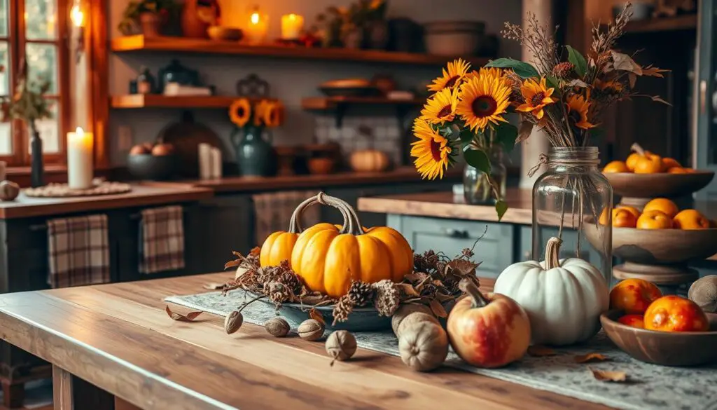 A cozy autumn kitchen adorned with rustic charm. A warm, inviting atmosphere is created by the soft glow of candlelight, the rich hues of fallen leaves, and the inviting textures of natural wood and woven accents. In the foreground, a wooden table is set with a seasonal centerpiece of pumpkins, dried florals, and walnuts. Mid-frame, a vintage-inspired area rug and patterned dish towels add homespun character. In the background, a tidy kitchen counter displays a vase of sunflowers, a mason jar filled with autumn foliage, and a wooden bowl of crisp apples. The lighting is soft and diffused, creating a comforting, harvest-time ambiance.