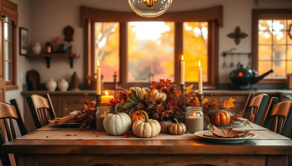 A cozy autumn kitchen scene, the table adorned with a rustic centerpiece of seasonal foliage, gourds, and candles. Warm, golden lighting casts a soft glow, highlighting the rich, earthy tones of the decor. In the background, a large window frames an idyllic autumnal landscape, with trees in vibrant shades of orange, red, and yellow. The scene evokes a sense of comfort and togetherness, perfect for a intimate fall gathering.