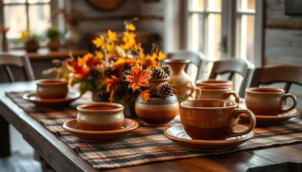 A cozy autumn tablescape featuring a rustic wooden table with a plaid runner, adorned with a centerpiece of vibrant fall foliage, pine cones, and textured ceramic vessels. The tableware includes handcrafted stoneware plates, bowls, and mugs in earthy tones of ochre, terracotta, and sage, arranged neatly. Warm, ambient lighting from a nearby window casts a golden glow, creating a welcoming and inviting atmosphere. The composition is balanced, with the tableware taking center stage, set against a slightly blurred, but still natural, background.