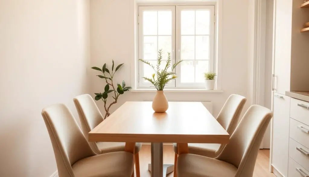 A cozy, compact kitchen table in a bright, airy space. The table is made of smooth, natural wood with clean, minimalist lines, complementing the light-colored walls and large window that floods the room with warm, diffused sunlight. Sleek, upholstered chairs in a soft, neutral palette surround the table, creating an inviting, relaxed atmosphere. Potted plants and a simple, neutral-toned centerpiece add a touch of greenery and natural charm. The overall mood is one of openness, simplicity, and a sense of calm and spaciousness, despite the compact dimensions of the kitchen. A cozy, compact kitchen table in a bright, airy space. The table is made of smooth, natural wood with clean, minimalist lines, complementing the light-colored walls and large window that floods the room with warm, diffused sunlight. Sleek, upholstered chairs in a soft, neutral palette surround the table, creating an inviting, relaxed atmosphere. Potted plants and a simple, neutral-toned centerpiece add a touch of greenery and natural charm. The overall mood is one of openness, simplicity, and a sense of calm and spaciousness, despite the compact dimensions of the kitchen.