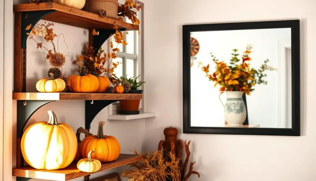 A cozy corner of a small kitchen adorned with autumn decor. In the foreground, a rustic wooden shelf displays a collection of pumpkins, gourds, and dried florals, casting warm, golden lighting. In the middle ground, a windowsill features a potted plant and a vintage ceramic vase filled with seasonal foliage. The background showcases a crisp, white wall with a simple, black-framed mirror reflecting the autumnal scene. The overall mood is one of inviting, harvest-time ambiance, accentuated by the use of natural textures and earthy tones.
