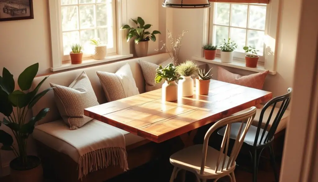 A cozy dining nook with a plush bench, nestled in a warm and inviting corner. Soft, natural lighting streams in through large windows, casting a gentle glow on the rustic wood table and mismatched vintage chairs. Throw pillows and a woven blanket add texture and comfort, while potted plants and a simple, minimalist centerpiece create a serene, nature-inspired ambiance. The space feels intimate and welcoming, perfect for casual meals or leisurely conversations.