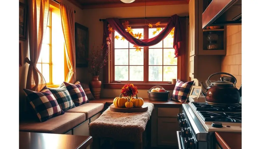A cozy fall kitchen, bathed in warm autumn light filtering through a window draped with sheer curtains. The countertops are adorned with a plush runner in rich, earthy tones, complemented by plaid throw pillows on the bench seating. Decorative gourds and a rustic wooden centerpiece piece add pops of color, while a vintage-inspired tea kettle whistles on the stove. The overall scene evokes a sense of comfort and seasonal cheer, perfect for embracing the changing of the leaves.