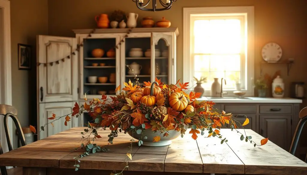A cozy fall kitchen scene, bathed in warm, golden light from a large window. In the foreground, a wooden table is adorned with a vibrant arrangement of autumn leaves, pumpkins, and seasonal botanicals. Trailing vines and sprigs of eucalyptus cascade gracefully down the sides, adding a touch of rustic elegance. The middle ground showcases a weathered farmhouse-style cabinet, its doors open to reveal an assortment of earthenware and vintage-inspired kitchenware. In the background, the walls are painted in a muted, earthy tone, complementing the natural elements throughout the space. The overall mood is one of inviting comfort and seasonal charm, perfect for a "Brighten Up Your Space with Fall Botanicals" feature.