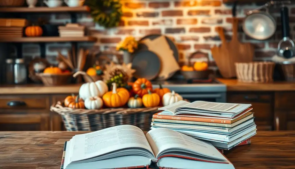 A cozy fall kitchen with warm lighting and a rustic aesthetic. In the foreground, a stack of open cookbooks, their pages inviting to be explored, sits atop a wooden table. In the middle ground, an assortment of fall-themed decor elements, such as pumpkins, gourds, and a woven basket, create a visually pleasing display. The background features a brick wall, adding depth and texture to the scene. The overall mood is one of comfort, inspiration, and the joy of embracing the changing seasons.