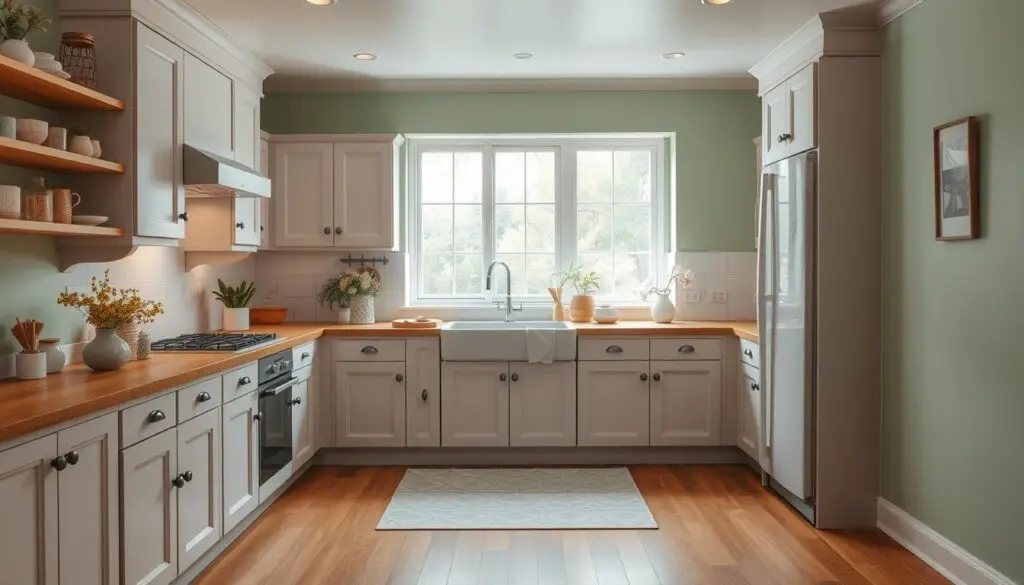 A cozy, inviting kitchen bathed in soft, pastel hues. The walls emit a gentle, muted shade of sage green, complemented by pale pink cabinets and subtle lilac accents. Warm wooden floors and butcher block countertops add a natural, earthy touch. Soft, diffused lighting casts a serene, comforting glow, creating a calming, harmonious atmosphere. Delicate floral arrangements and minimalist decor elements add a touch of whimsy, conveying a sense of tranquility and relaxation. The overall palette evokes a soothing, comfortable ambiance, perfect for a small, intimate kitchen space. A cozy, inviting kitchen bathed in soft, pastel hues. The walls emit a gentle, muted shade of sage green, complemented by pale pink cabinets and subtle lilac accents. Warm wooden floors and butcher block countertops add a natural, earthy touch. Soft, diffused lighting casts a serene, comforting glow, creating a calming, harmonious atmosphere. Delicate floral arrangements and minimalist decor elements add a touch of whimsy, conveying a sense of tranquility and relaxation. The overall palette evokes a soothing, comfortable ambiance, perfect for a small, intimate kitchen space.
