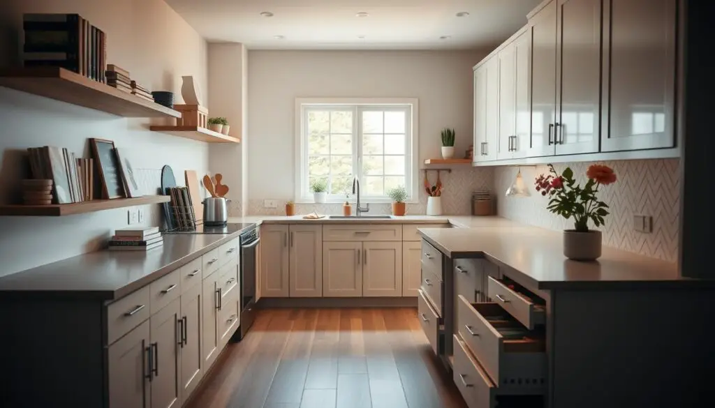 A cozy, inviting kitchen with thoughtful organizational solutions. A warm, diffused light illuminates the space, casting a soft glow on the natural wood accents and clean white cabinetry. Sleek, minimalist shelves display neatly arranged cookbooks and decorative pieces, while a central island offers ample storage in cleverly designed drawers and cabinets. The backsplash features a subtle herringbone tile pattern that adds visual interest. Potted herbs and a vase of fresh flowers on the windowsill contribute to the inviting atmosphere. The overall impression is one of efficiency, style, and a sense of calm.