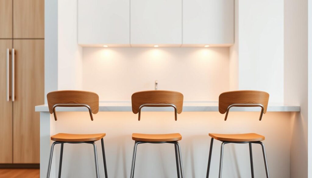 A cozy kitchen bar nook featuring three small, sleek bar stools in a modern, minimalist design. The stools have a clean, wood-and-metal aesthetic, with curved seat backs and sturdy, tapered legs. They are positioned in front of a polished, white marble countertop, illuminated by warm, recessed lighting that casts a soft, inviting glow. The background features clean, white walls and a hint of natural wood cabinetry, creating a bright, airy atmosphere that complements the simple, yet stylish bar seating. A cozy kitchen bar nook featuring three small, sleek bar stools in a modern, minimalist design. The stools have a clean, wood-and-metal aesthetic, with curved seat backs and sturdy, tapered legs. They are positioned in front of a polished, white marble countertop, illuminated by warm, recessed lighting that casts a soft, inviting glow. The background features clean, white walls and a hint of natural wood cabinetry, creating a bright, airy atmosphere that complements the simple, yet stylish bar seating.