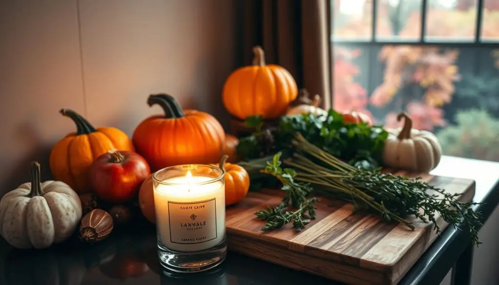 A cozy kitchen counter adorned with a variety of fall-inspired elements. In the foreground, a scented soy candle flickers, its warm glow casting a gentle light across the scene. Surrounding the candle, an assortment of seasonal produce - plump pumpkins, crisp apples, and earthy squash - are arranged artfully. In the middle ground, a rustic wooden cutting board holds freshly harvested herbs, their aromas mingling with the sweet scents of cinnamon and clove. The background features a muted, autumnal palette, with deep-hued curtains and a window overlooking a vibrant, leaf-strewn landscape. The overall atmosphere is one of inviting warmth and the comforting embrace of the fall season.