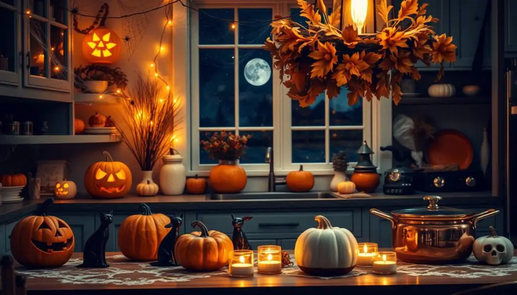 A cozy kitchen in autumn with pumpkins, spiderwebs, and festive Halloween decor. The countertops are adorned with carved jack-o'-lanterns, ceramic skull candleholders, and delicate porcelain figurines of black cats and witches' hats. Strings of tiny orange lights cast a warm glow, and a large wreath of dried leaves and gourds hangs above the kitchen table. Copper pots and pans reflect the flickering flames of tealight candles. A window in the background offers a glimpse of a spooky full moon in a starry night sky.
