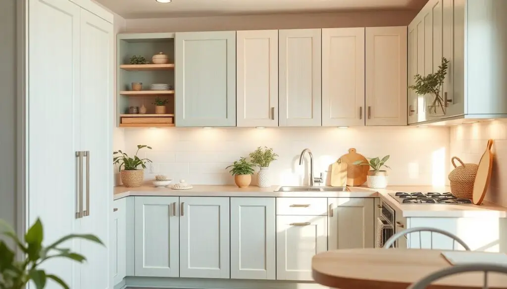 A cozy kitchen with pastel-hued cabinets, bathed in warm, diffused lighting. The cabinets feature a delicate blend of soft, soothing tones - mint green, powder blue, and pale peach. The wood grain adds a subtle texture, creating a harmonious and inviting atmosphere. The kitchen countertops are a complementary neutral shade, and the backsplash is a simple, clean white. Plants and natural accents, such as woven baskets, add a touch of liveliness to the serene space. The overall scene evokes a sense of tranquility and freshness, perfectly capturing the "Pastel Perfection" aesthetic.