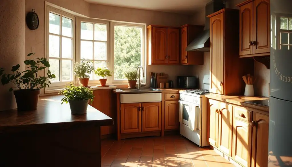 A cozy kitchen with warm, earthy tones. The countertops are a rich, mottled brown, complemented by honey-hued wood cabinets. Sunlight streams through a large window, casting a soft, natural glow across the space. Terracotta tiles line the floor, adding texture and depth. Potted herbs sit on the windowsill, their verdant leaves casting gentle shadows. The overall atmosphere is one of calm, inviting simplicity, creating a serene and grounded feel. A cozy kitchen with warm, earthy tones. The countertops are a rich, mottled brown, complemented by honey-hued wood cabinets. Sunlight streams through a large window, casting a soft, natural glow across the space. Terracotta tiles line the floor, adding texture and depth. Potted herbs sit on the windowsill, their verdant leaves casting gentle shadows. The overall atmosphere is one of calm, inviting simplicity, creating a serene and grounded feel.