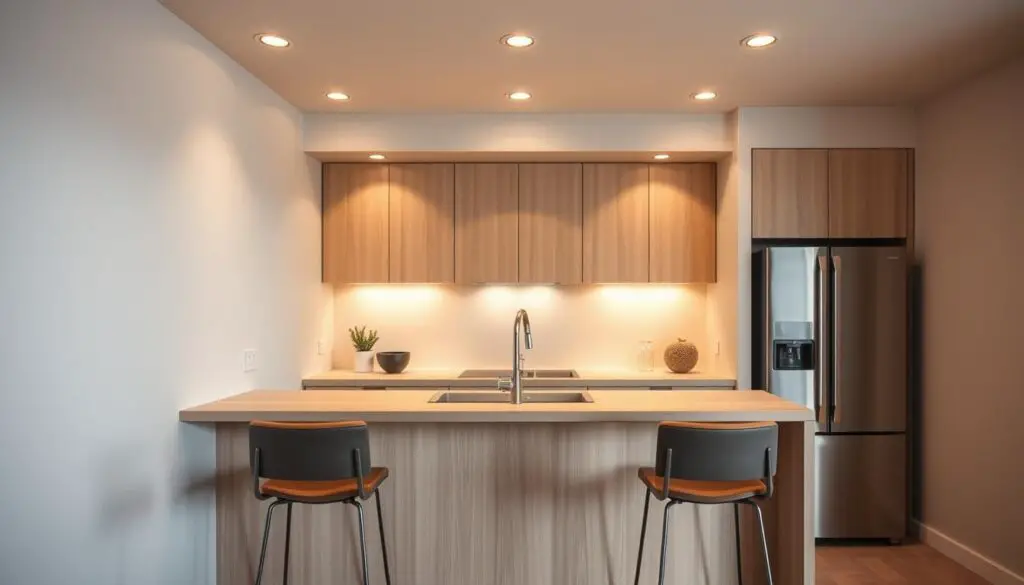 A cozy, modern small kitchen bar counter design with a sleek, minimalist aesthetic. The counter is made of light-colored wood or engineered stone, with clean lines and a slightly elevated profile. Positioned against a neutral-toned wall, the counter features minimalist bar stools with metal or wood frames and upholstered seats. Soft, indirect lighting from recessed ceiling fixtures casts a warm glow, creating an inviting atmosphere. The overall composition emphasizes functionality, space efficiency, and a sophisticated, contemporary style well-suited for a compact kitchen layout. A cozy, modern small kitchen bar counter design with a sleek, minimalist aesthetic. The counter is made of light-colored wood or engineered stone, with clean lines and a slightly elevated profile. Positioned against a neutral-toned wall, the counter features minimalist bar stools with metal or wood frames and upholstered seats. Soft, indirect lighting from recessed ceiling fixtures casts a warm glow, creating an inviting atmosphere. The overall composition emphasizes functionality, space efficiency, and a sophisticated, contemporary style well-suited for a compact kitchen layout.