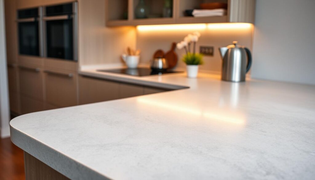 A cozy small kitchen bar counter with a sleek, modern design. The counter features a smooth, natural stone surface in a light gray hue, complemented by a clean, minimalist style. The lighting is warm and gentle, creating a soft, inviting atmosphere. The counter's edges are slightly rounded, adding a touch of elegance. In the background, a few carefully selected kitchen accessories, such as a potted plant and a small vase, add a touch of personality. The overall composition is balanced and harmonious, reflecting the practical yet stylish nature of the small kitchen bar counter. A cozy small kitchen bar counter with a sleek, modern design. The counter features a smooth, natural stone surface in a light gray hue, complemented by a clean, minimalist style. The lighting is warm and gentle, creating a soft, inviting atmosphere. The counter's edges are slightly rounded, adding a touch of elegance. In the background, a few carefully selected kitchen accessories, such as a potted plant and a small vase, add a touch of personality. The overall composition is balanced and harmonious, reflecting the practical yet stylish nature of the small kitchen bar counter.