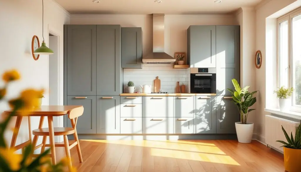 A cozy small kitchen bathed in warm, inviting colors. The foreground features a bright, cheerful color palette of sunny yellow, terracotta, and soft green, creating a harmonious and calming atmosphere. The middle ground showcases sleek, minimalist cabinetry in a sophisticated gray-blue tone, complemented by natural wood accents. The background depicts a light-filled space with clean, white walls and a large window, allowing ample natural illumination to flood the room. The overall scene exudes a sense of balance, tranquility, and psychological comfort, perfectly capturing the essence of "Understanding Color Psychology in Small Spaces." A cozy small kitchen bathed in warm, inviting colors. The foreground features a bright, cheerful color palette of sunny yellow, terracotta, and soft green, creating a harmonious and calming atmosphere. The middle ground showcases sleek, minimalist cabinetry in a sophisticated gray-blue tone, complemented by natural wood accents. The background depicts a light-filled space with clean, white walls and a large window, allowing ample natural illumination to flood the room. The overall scene exudes a sense of balance, tranquility, and psychological comfort, perfectly capturing the essence of "Understanding Color Psychology in Small Spaces."