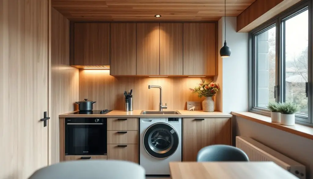 A cozy small kitchen with a stylish washer discreetly tucked away in a sleek, minimalist cabinet. The kitchen features warm wood tones, muted colors, and task lighting that casts a soft, inviting glow. Clean lines and an uncluttered design create a sense of tranquility. A large window allows natural light to flood the space, complementing the modern, Scandinavian-inspired aesthetic. The washer is seamlessly integrated, its presence hinted at by a subtle door or panel that blends effortlessly with the cabinetry. The overall atmosphere is one of serene functionality, where form and function harmonize to create a beautiful and practical cooking and cleaning environment.