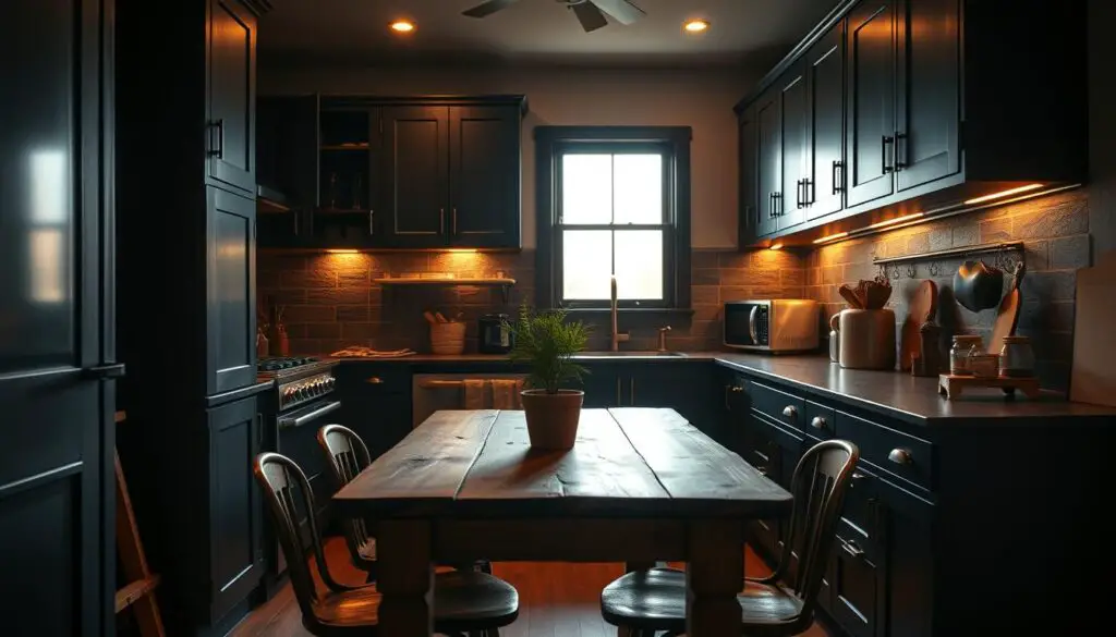 A cozy, small kitchen with bold, dark-colored cabinets and countertops. The space is flooded with warm, dramatic lighting, casting shadows and highlights across the sleek, modern appliances and textured backsplash. In the foreground, a rustic wood dining table with mismatched chairs invites you to linger. The middle ground features a potted plant and a few carefully curated decor pieces, while the background showcases a glimpse of a window, hinting at the world beyond this intimate, moody culinary haven. A cozy, small kitchen with bold, dark-colored cabinets and countertops. The space is flooded with warm, dramatic lighting, casting shadows and highlights across the sleek, modern appliances and textured backsplash. In the foreground, a rustic wood dining table with mismatched chairs invites you to linger. The middle ground features a potted plant and a few carefully curated decor pieces, while the background showcases a glimpse of a window, hinting at the world beyond this intimate, moody culinary haven.