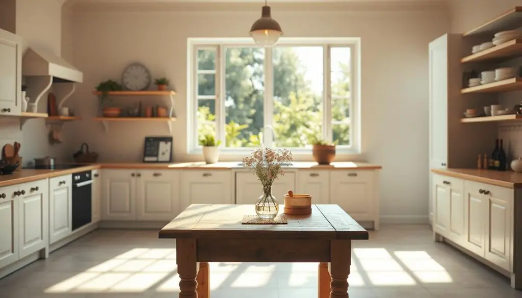 A cozy, sun-drenched kitchen with a small, rustic wooden table positioned in the foreground. The table is adorned with a simple vase of fresh flowers and a few decorative items, casting warm, diffused lighting across the scene. In the middle ground, minimalist white cabinets and shelves line the walls, creating a sense of clean, open space. The background features a large window overlooking a lush, verdant garden, allowing natural light to flood the room and creating a serene, inviting atmosphere. A cozy, sun-drenched kitchen with a small, rustic wooden table positioned in the foreground. The table is adorned with a simple vase of fresh flowers and a few decorative items, casting warm, diffused lighting across the scene. In the middle ground, minimalist white cabinets and shelves line the walls, creating a sense of clean, open space. The background features a large window overlooking a lush, verdant garden, allowing natural light to flood the room and creating a serene, inviting atmosphere.