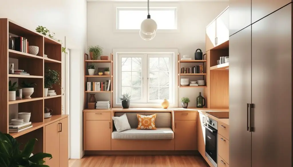 A cozy, sun-drenched kitchen with clean, minimalist lines and warm wood accents. Tall, floor-to-ceiling shelves line the walls, showcasing a curated collection of potted plants, cookbooks, and decorative items. A sleek, built-in breakfast nook nestled in the corner, its bench seating upholstered in a soft, neutral fabric. Streamlined, handleless cabinets in a muted, earthy tone create a sense of visual harmony. Overhead, a trio of modern pendant lights cast a gentle glow, illuminating the space with a soft, inviting ambiance. The overall impression is one of efficiency, practicality, and a thoughtful, intentional approach to small-space design.