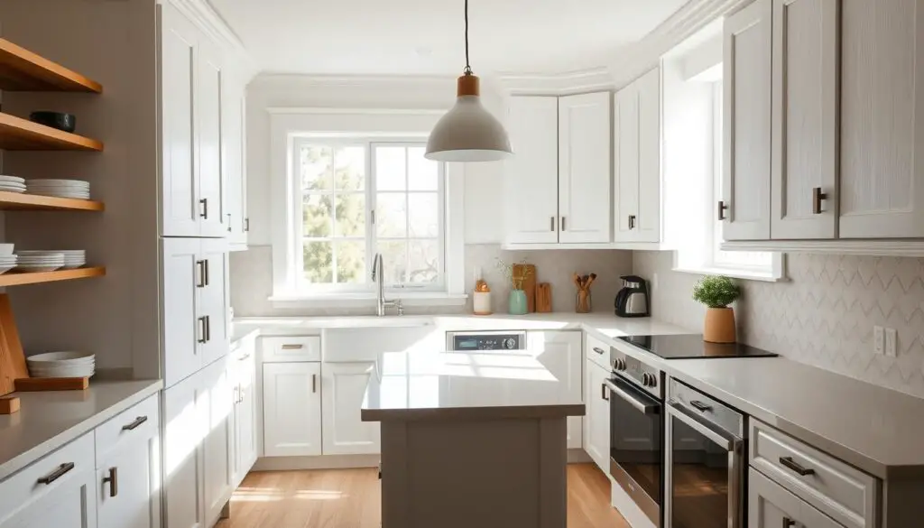 A cozy, sun-drenched kitchen with pristine white shaker-style cabinets arranged in a classic u-shaped layout. The cabinets have a subtle textured finish, contrasting beautifully with the gleaming quartz countertops. Wooden open shelves and a farmhouse-inspired pendant light create a warm, inviting atmosphere. A large window floods the space with natural light, casting soft shadows and highlighting the clean, minimalist design. The tiled backsplash has a subtle herringbone pattern, adding visual interest. The overall mood is one of serene, effortless elegance, perfectly suited for a small but well-designed kitchen.