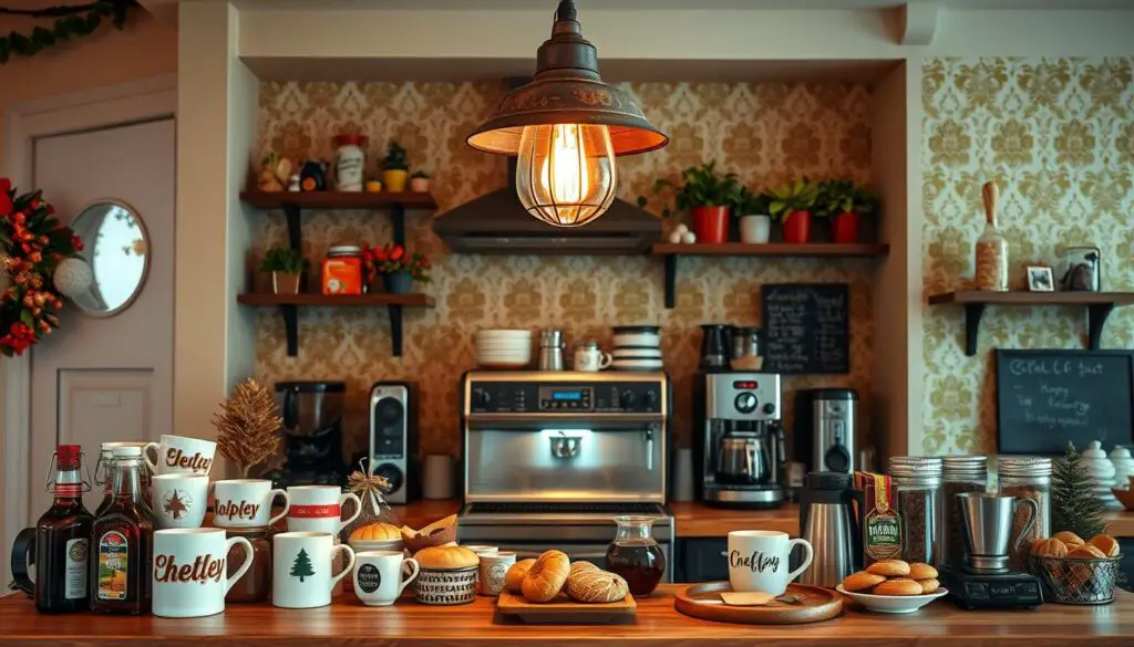 A cozy, themed coffee station adorned with festive decor, set against a warm, inviting kitchen backdrop. In the foreground, a wooden or marble counter showcases an array of specialty coffee mugs, syrups, and artisanal baked goods. Suspended above, a rustic, industrial-style light fixture casts a soft, golden glow, illuminating the scene. The middle ground features a well-stocked coffee bar, complete with a sleek espresso machine, various brewing methods, and a selection of whole bean and ground coffee. In the background, a cheerful, patterned wallpaper or tiled backsplash provides a visually striking contrast, while a few potted plants or wall-mounted shelves add a touch of nature to the space. The overall atmosphere evokes a sense of celebration, perfect for a special occasion. A cozy, themed coffee station adorned with festive decor, set against a warm, inviting kitchen backdrop. In the foreground, a wooden or marble counter showcases an array of specialty coffee mugs, syrups, and artisanal baked goods. Suspended above, a rustic, industrial-style light fixture casts a soft, golden glow, illuminating the scene. The middle ground features a well-stocked coffee bar, complete with a sleek espresso machine, various brewing methods, and a selection of whole bean and ground coffee. In the background, a cheerful, patterned wallpaper or tiled backsplash provides a visually striking contrast, while a few potted plants or wall-mounted shelves add a touch of nature to the space. The overall atmosphere evokes a sense of celebration, perfect for a special occasion.