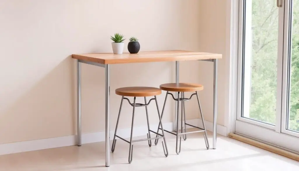 A cozy, well-designed compact kitchen table with a modern, minimalist aesthetic. The table features clean lines, a sleek wooden top, and slender metal legs that create an airy, open feel. A few decorative potted succulents or herbs add a touch of greenery, while a pair of simple, stackable stools tuck neatly underneath, maximizing the limited space. The table is set against a bright, neutral-toned wall, with a large window in the background letting in ample natural light. The overall scene conveys a sense of functionality, style, and a DIY-inspired approach to small-space living. A cozy, well-designed compact kitchen table with a modern, minimalist aesthetic. The table features clean lines, a sleek wooden top, and slender metal legs that create an airy, open feel. A few decorative potted succulents or herbs add a touch of greenery, while a pair of simple, stackable stools tuck neatly underneath, maximizing the limited space. The table is set against a bright, neutral-toned wall, with a large window in the background letting in ample natural light. The overall scene conveys a sense of functionality, style, and a DIY-inspired approach to small-space living.