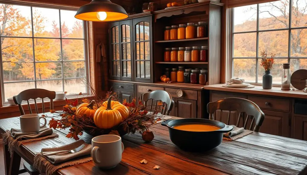 A cozy, well-lit fall kitchen with a rustic, inviting ambiance. In the foreground, a wooden table adorned with an autumnal centerpiece of pumpkins, dried leaves, and twigs. Scattered around, textured linen napkins, ceramic mugs, and a cast-iron skillet filled with simmering apple cider. In the middle ground, a vintage wooden cabinet displaying an array of mason jars filled with seasonal preserves, spices, and herbs. Warm lighting emanates from a hanging pendant lamp, casting a soft glow across the scene. In the background, a large window overlooks a picturesque fall landscape, with trees ablaze in rich oranges and reds. The atmosphere is one of comfort, coziness, and the joys of the harvest season.
