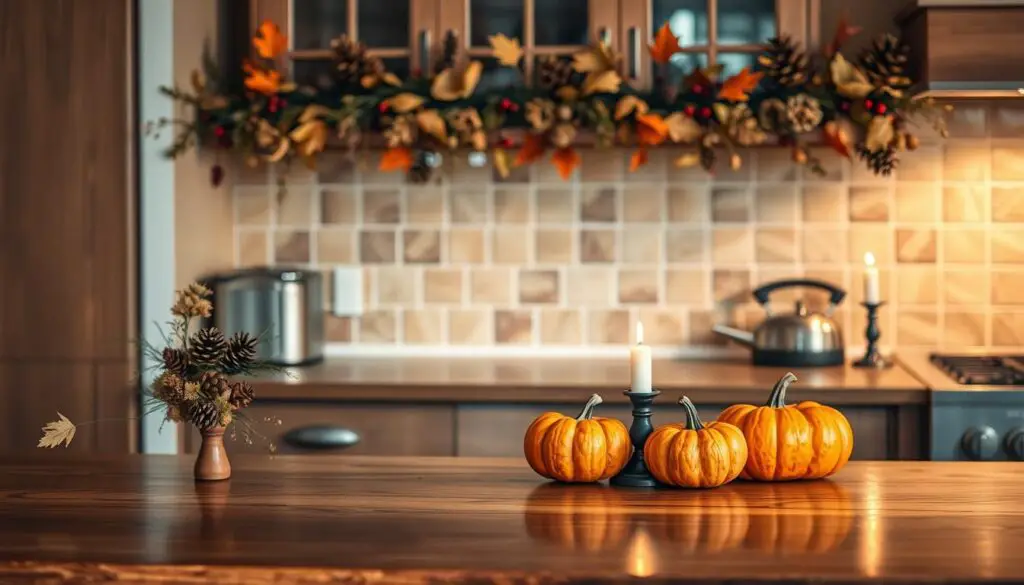 A cozy, well-lit kitchen bar counter in warm autumn tones, adorned with a rustic garland of dried leaves, pinecones, and seasonal berries. A few carefully placed pumpkins and a single flickering candle create a welcoming, harvest-inspired atmosphere. The polished wooden surface reflects the soft lighting, while the backsplash features earthy ceramic tiles. A mix of textures and natural elements evokes the changing seasons, inviting the viewer to imagine preparing a comforting meal or entertaining guests in this charming, intimate space. A cozy, well-lit kitchen bar counter in warm autumn tones, adorned with a rustic garland of dried leaves, pinecones, and seasonal berries. A few carefully placed pumpkins and a single flickering candle create a welcoming, harvest-inspired atmosphere. The polished wooden surface reflects the soft lighting, while the backsplash features earthy ceramic tiles. A mix of textures and natural elements evokes the changing seasons, inviting the viewer to imagine preparing a comforting meal or entertaining guests in this charming, intimate space.