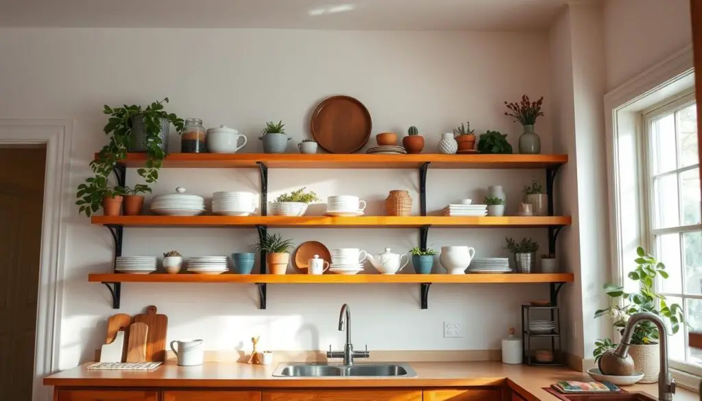 A cozy, well-lit kitchen with a focal point of open wooden shelves in warm hues. The shelves are styled with a mix of ceramic dishes, potted plants, and decorative accents, creating a harmonious and inviting display. The lighting casts a soft, natural glow, highlighting the textures and colors of the shelves and their contents. The background features a neutral, minimalist wall color that complements the open shelving, allowing it to take center stage. The overall atmosphere is one of calm, order, and thoughtful design, reflecting the section's focus on choosing the right color for open shelving in a small kitchen.