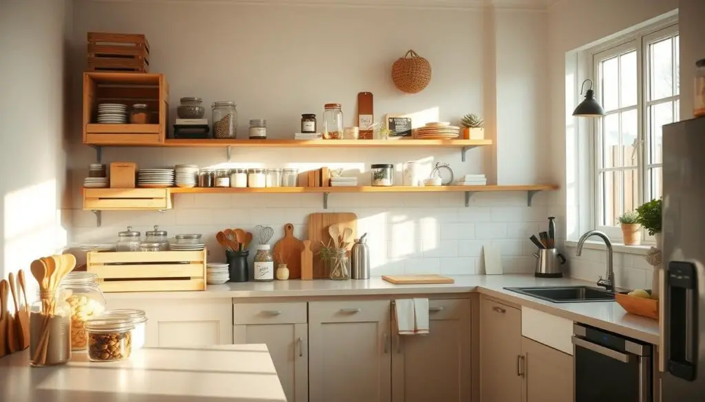 A cozy, well-lit kitchen with a variety of DIY storage solutions neatly organized on the countertops and shelves. Wooden crates, jars, and baskets showcase a range of spices, herbs, and small kitchen tools. Minimal, Scandinavian-inspired decor creates a calming, functional atmosphere. Bright natural light streams in through large windows, casting a warm glow on the scene. A clean, minimalist tiled backsplash and sleek, modern appliances complete the modern, efficient kitchen space.