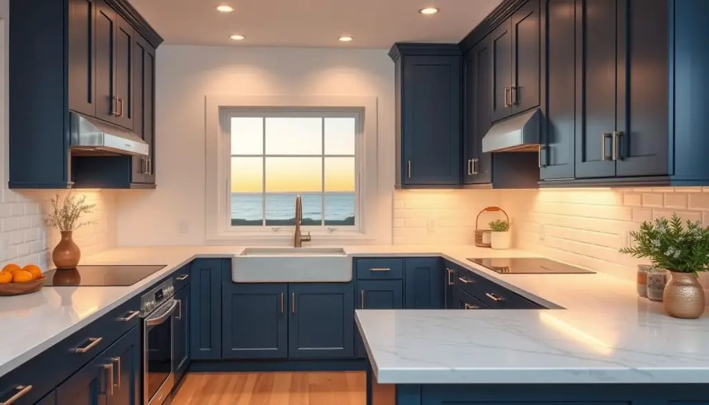 A cozy, well-lit kitchen with navy blue shaker-style cabinets that create a striking nautical ambiance. The cabinets have clean lines and a matte finish, complemented by sleek brushed nickel hardware. Warm, golden task lighting illuminates the space, casting a soft glow on the off-white subway tile backsplash and the quartz countertops that feature subtle gray veining. A large window overlooking a seaside landscape provides ample natural light, enhancing the serene, coastal atmosphere. The floor is finished in light hardwood, adding warmth and texture to the overall design. The room is styled with minimal, coastal-inspired decor, allowing the navy blue cabinets to take center stage.
