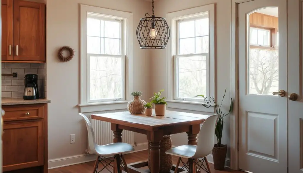 A cozy, well-lit small kitchen dining area with a rustic wooden table, two modern chairs, and a decorative pendant light hanging above. The space has an inviting, intimate atmosphere, with a warm color palette and natural textures like woven baskets or potted plants on the table. The walls are a soft, neutral shade, complementing the wooden tones. Large windows allow natural light to flood the space, creating a bright and airy ambiance. The overall design is a harmonious blend of classic and contemporary elements, making it an ideal setting for casual meals and gatherings.