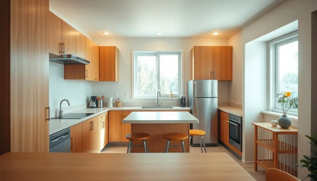 A cozy, well-lit small kitchen layout with a breakfast bar in the foreground. The kitchen features warm-toned wooden cabinets and countertops, complemented by pastel-colored walls. A central island with bar stools serves as a casual dining and socializing space. The middle ground showcases a minimalist backsplash and sleek stainless-steel appliances. In the background, a large window floods the space with natural light, creating a calming, inviting atmosphere. The scene is captured from a slightly elevated angle, highlighting the efficient use of the compact layout and the harmonious color palette that contributes to a cozy, intimate ambiance. A cozy, well-lit small kitchen layout with a breakfast bar in the foreground. The kitchen features warm-toned wooden cabinets and countertops, complemented by pastel-colored walls. A central island with bar stools serves as a casual dining and socializing space. The middle ground showcases a minimalist backsplash and sleek stainless-steel appliances. In the background, a large window floods the space with natural light, creating a calming, inviting atmosphere. The scene is captured from a slightly elevated angle, highlighting the efficient use of the compact layout and the harmonious color palette that contributes to a cozy, intimate ambiance.