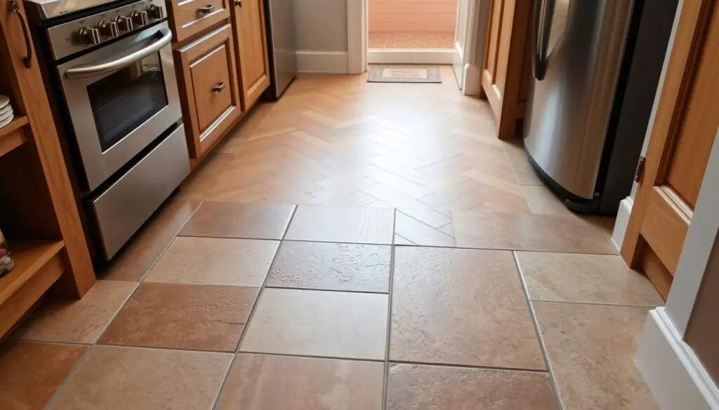 A cozy, well-lit small kitchen with a mix of natural stone and tile flooring. The foreground features a variety of textures, such as a smooth slate tile in a neutral color scheme, complemented by warm wood accents. The middle ground showcases a herringbone pattern of light-colored hardwood, creating a visually appealing contrast. In the background, a subtle pattern of small, square tiles in a soft, earthy tone adds depth and visual interest. The overall atmosphere is inviting and practical, highlighting the versatility of flooring options for a compact cooking space. A cozy, well-lit small kitchen with a mix of natural stone and tile flooring. The foreground features a variety of textures, such as a smooth slate tile in a neutral color scheme, complemented by warm wood accents. The middle ground showcases a herringbone pattern of light-colored hardwood, creating a visually appealing contrast. In the background, a subtle pattern of small, square tiles in a soft, earthy tone adds depth and visual interest. The overall atmosphere is inviting and practical, highlighting the versatility of flooring options for a compact cooking space.