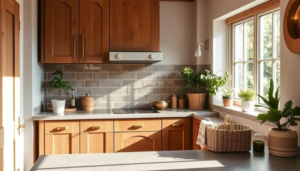 A cozy, well-lit small kitchen with earthy tones and natural textures. The foreground showcases wooden cabinets in a warm, muted brown shade, accented by brushed brass hardware. In the middle ground, a stone or concrete countertop in a soft grey hue complements the cabinets. The backsplash features earth-toned tiles in a subtle pattern, adding visual interest. The background reveals a large window allowing ample natural light to flood the space, highlighting the organic elements. Potted plants and woven baskets on the counter create a rustic, homely ambiance. The overall scene conveys a sense of warmth, comfort and a connection to nature, perfectly capturing the essence of earthy tones in a small kitchen design.