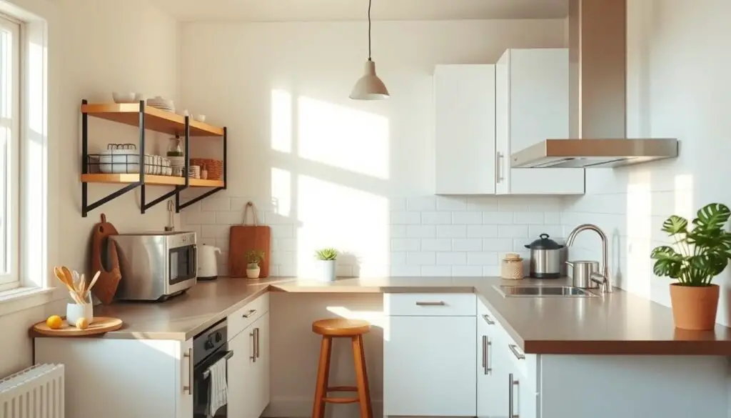 A cozy, well-organized small kitchen with a minimalist bar counter. The scene features warm, natural lighting, casting a soft glow across the clean, white cabinetry and subway tile backsplash. A sleek, space-saving bar counter runs along one wall, offering additional prep and dining space. Utilitarian shelving and a single pendant light add functional yet stylish touches. The room feels open and airy, thanks to strategic placement of appliances and clever storage solutions that maximize the limited square footage. A cozy, well-organized small kitchen with a minimalist bar counter. The scene features warm, natural lighting, casting a soft glow across the clean, white cabinetry and subway tile backsplash. A sleek, space-saving bar counter runs along one wall, offering additional prep and dining space. Utilitarian shelving and a single pendant light add functional yet stylish touches. The room feels open and airy, thanks to strategic placement of appliances and clever storage solutions that maximize the limited square footage.