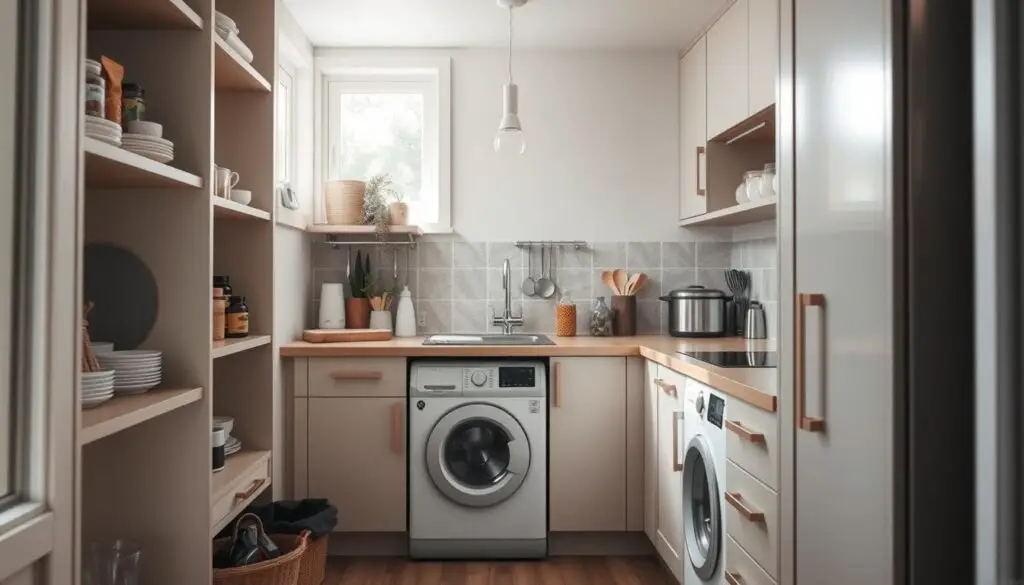 A cozy, well-organized tiny kitchen with natural light streaming in through a window. In the foreground, sleek built-in cabinets and drawers maximize storage space, with neatly arranged cookware, spices, and utensils. The middle ground features a compact washing machine tucked discreetly under the counter, seamlessly integrated into the design. The background showcases a minimalist backsplash, a single pendant light, and a small but efficient workspace. The overall mood is one of calm efficiency, where every inch is utilized to create a functional and visually pleasing space.