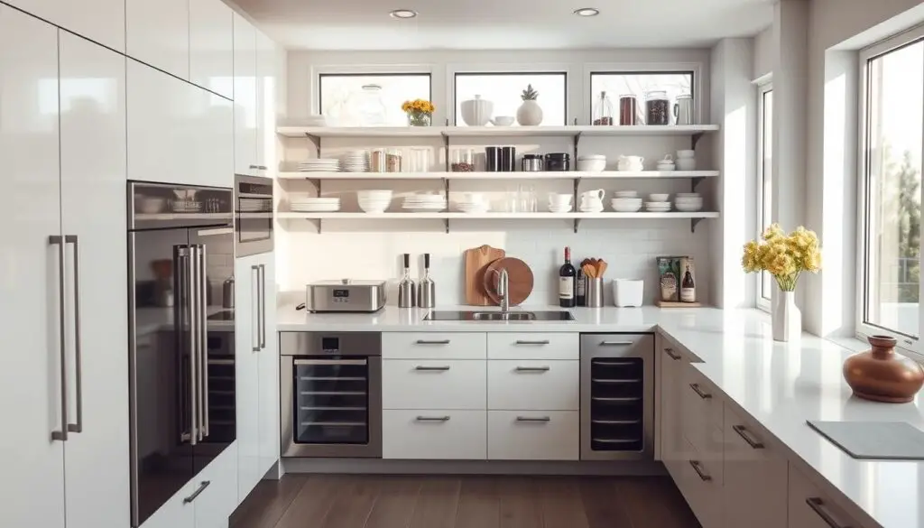 A meticulously organized small kitchen with a sleek, modern bar counter. Bright, natural lighting streams in through large windows, casting a warm glow on the crisp white cabinets and minimalist decor. Floating shelves display an array of neatly arranged kitchenware, while a pull-out pantry and strategically placed storage containers maximize every inch of space. The bar counter acts as a multifunctional hub, with integrated drawers and cleverly concealed appliances. Brushed metal hardware and a muted color palette create a sense of refined elegance, perfect for a contemporary home. A meticulously organized small kitchen with a sleek, modern bar counter. Bright, natural lighting streams in through large windows, casting a warm glow on the crisp white cabinets and minimalist decor. Floating shelves display an array of neatly arranged kitchenware, while a pull-out pantry and strategically placed storage containers maximize every inch of space. The bar counter acts as a multifunctional hub, with integrated drawers and cleverly concealed appliances. Brushed metal hardware and a muted color palette create a sense of refined elegance, perfect for a contemporary home.