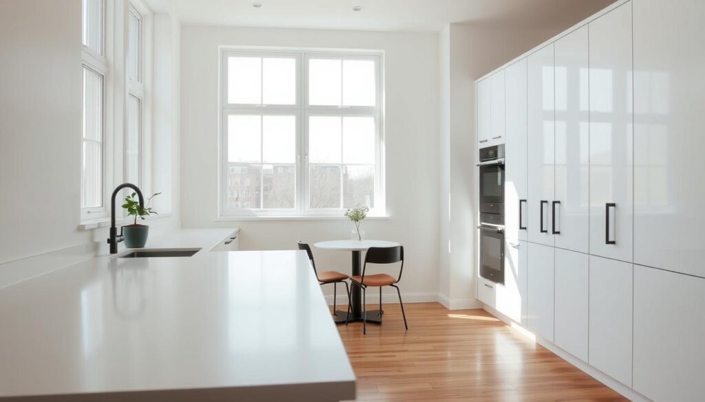 A minimalist kitchen interior, bathed in natural light from large windows. The countertops are clean and uncluttered, with a single potted plant adding a touch of greenery. The cabinets are sleek and white, complemented by matte black hardware. A small dining table with two chairs sits in the corner, creating a cozy nook for intimate meals. The floor is a warm-toned hardwood, adding depth and character to the space. The overall atmosphere is one of calm, simplicity, and thoughtful design, reflecting the "Embracing Minimalism" theme. A minimalist kitchen interior, bathed in natural light from large windows. The countertops are clean and uncluttered, with a single potted plant adding a touch of greenery. The cabinets are sleek and white, complemented by matte black hardware. A small dining table with two chairs sits in the corner, creating a cozy nook for intimate meals. The floor is a warm-toned hardwood, adding depth and character to the space. The overall atmosphere is one of calm, simplicity, and thoughtful design, reflecting the "Embracing Minimalism" theme.